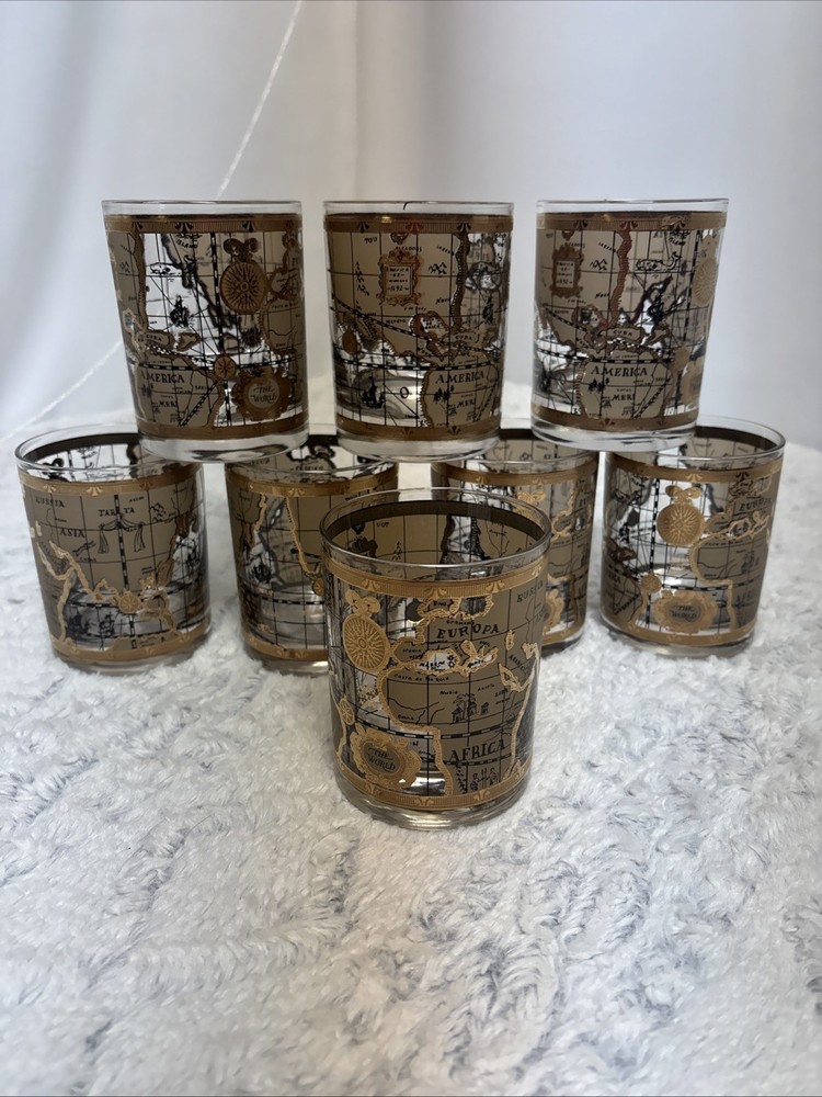 CERA World Map 8 oz Rocks Glasses (Set of 8) Barware 22kt Gold Accent 1980’s