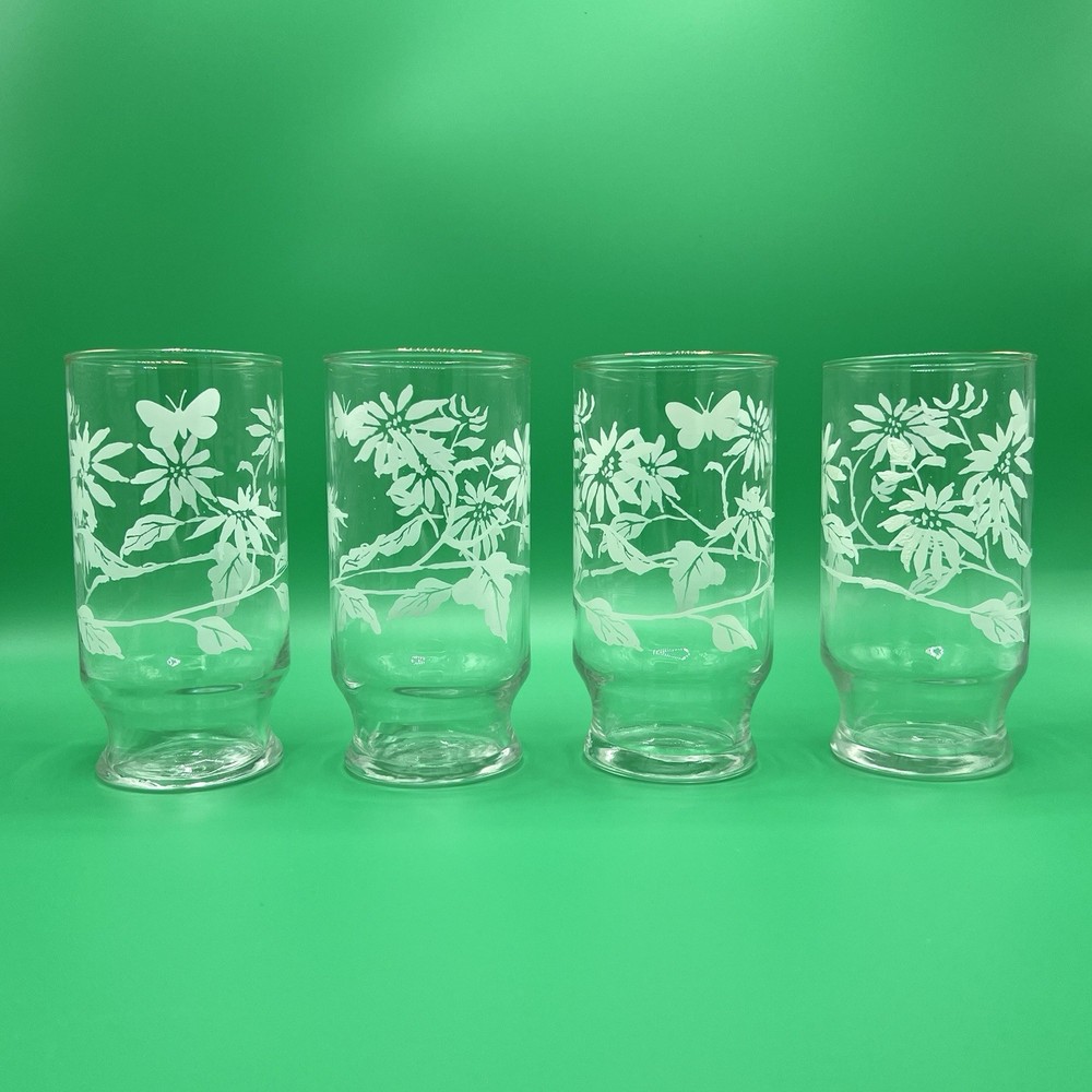 Vintage Kitchen 6” Floral Butterfly Clear Glass Tumblers Drinking Glasses Set 4