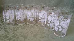 (6) Libbey White Roses Leaf W/ Gold Ribbon Hostess Bar Glasses Vintage