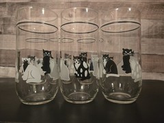 Vintage Luminarc France Black & White Cat Glasses Set of 6 Kitty Tumblers
