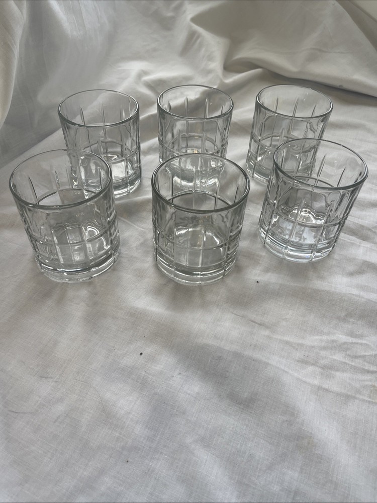 Set of 6 Glass Anchor Hocking Manchester Rocks Whisky Tumbler with Grid Pattern