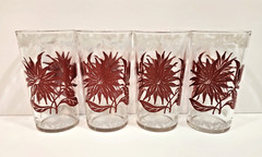4 Vintage Swanky Swig Glasses Red & White Floral Flowers Leaves 4.75″ Tumblers