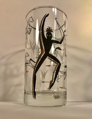 Set of 8 Vintage MCM Glass Tumblers Black & Gold Tribal Hunter Dancer and Horses