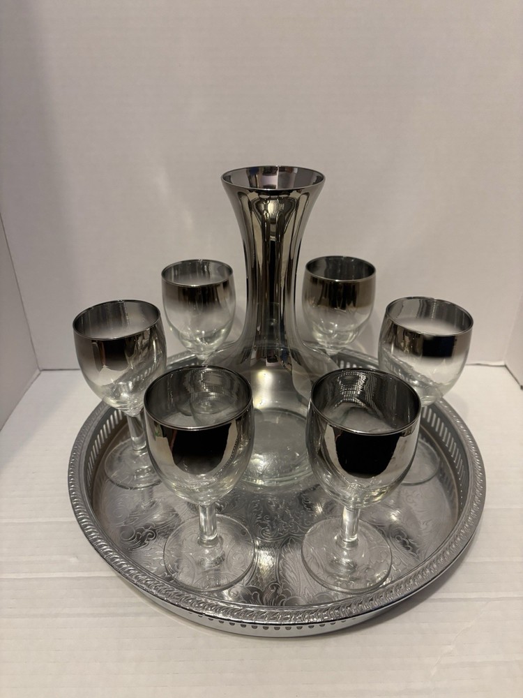 Vintage Silver Fade Decanter, 6 Wine Glass Goblets And Tray Set Barware 50s 60s