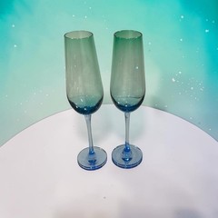 Block Crystal Festival Green & Blue Champagne Flute Handmade Art Glass 10.25”