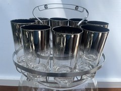 8 DOROTHY THORPE Style SILVER FADE Glasses 5” With CADDY Happy Hour Drink Ware