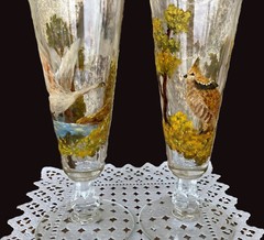 Champagne Flutes – Hand Painted – Nature, Birds – Swan & Partridge – Set of 2