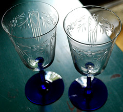 Antique Set 2 WATER GOBLET GLASSES Hand Blown ETCHED BOWL w/ COBALT BLUE STEMS
