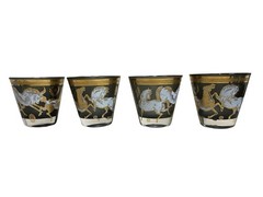 Set of 4 Vtg MCM Culver Ming Wild Horses Lowball Rocks Glasses Smoky 22K Gold