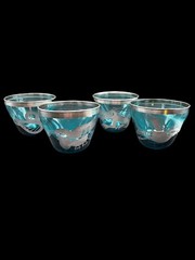 Blue Glass Silver Overlay Bird Designs Glasses Set Of 4 Rare Mexico Mayan Aztec