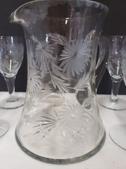 Vintage Glass Cornflower 12 Wine Goblets and Pitcher Smooth Stem Flower Leaves