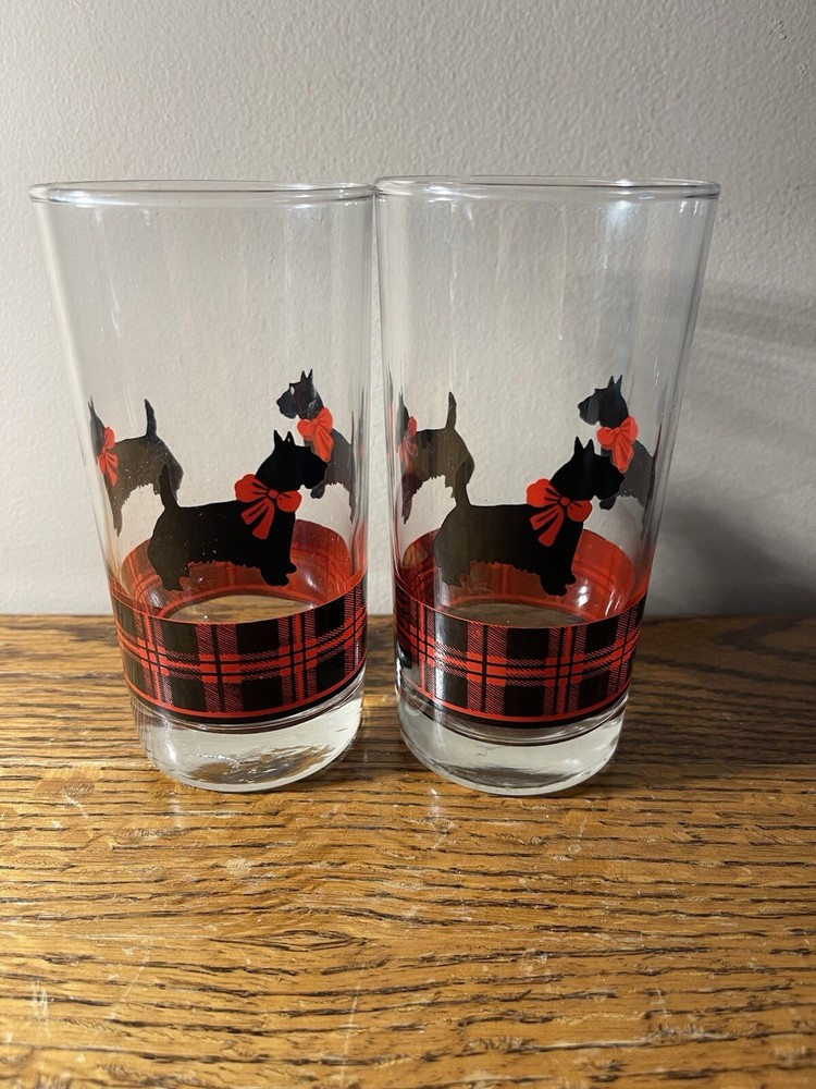 Anchor Hocking Fitz Scottie Dog Plaid Beverage Glasses Set of 2
