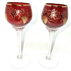Vintage Pair Of Red Bohemian Twisted Stem Grapes & Leaves 24k Gold Trim Glasses