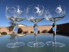 3 W.J. Hughes Cornflower Cordial Crystal Etched Cordials Sherry Glasses Vintage