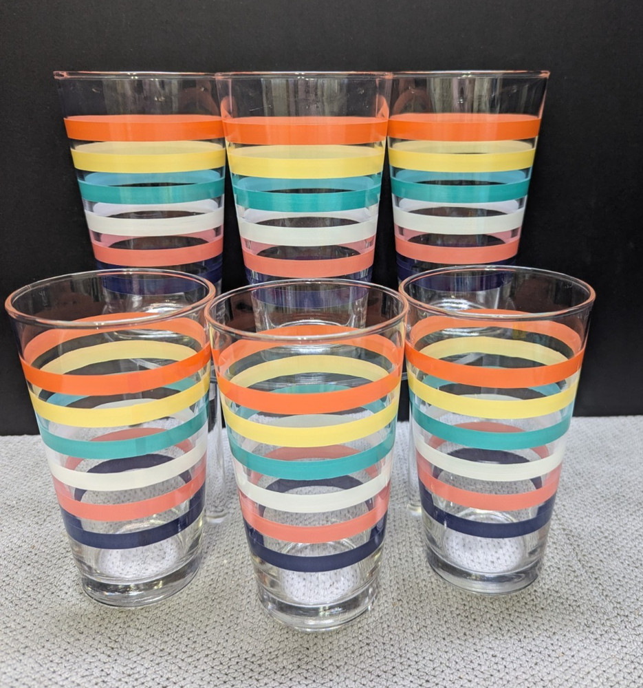 6 Libbey Striped 6″ Tumbler Drinking Glasses 16 oz Coordinate with Fiesta colors