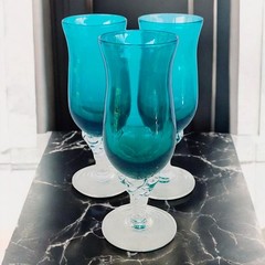 Set Of 3 Vintage Italian Turquoise Blue Clear Blown Glass Aperitif Glasses