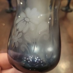 Stemmed Blue Glass Tulip Shape With Flower Pattern Vintage