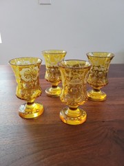 Set of 4 19th Century Bohemian Wine Goblets ~ Amber Flashed & Engraved-READ