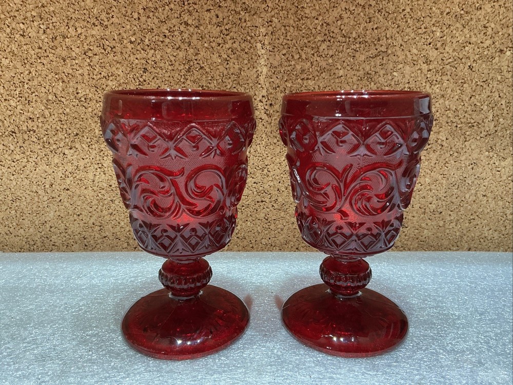 Vintage IVIMA Portugal Scroll Ruby Red Goblets 4 Part Mold Baroque Pair Set 2