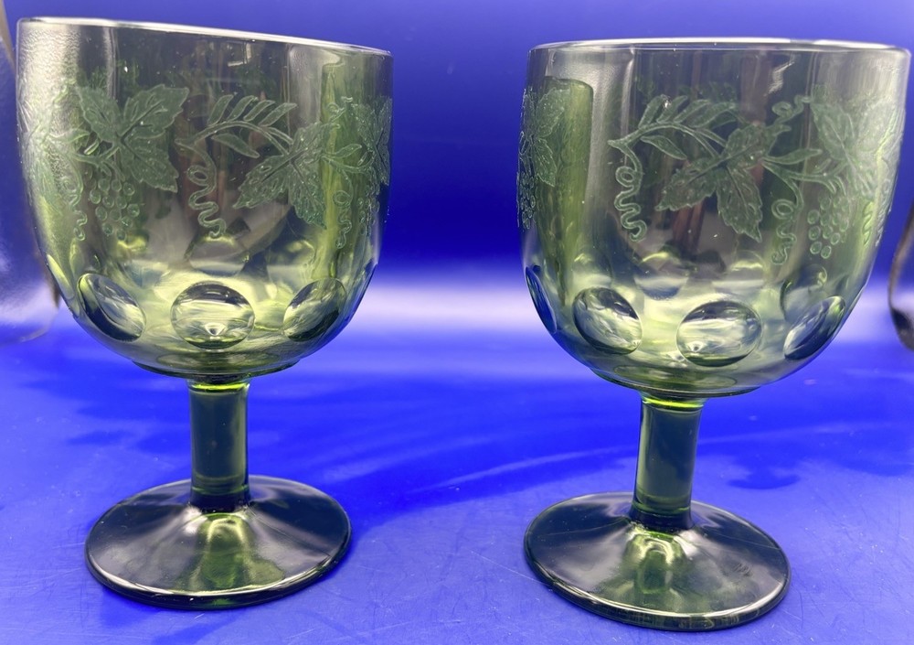 2 Vintage Bartlett Collins Green Thumbprint Golden Grape Goblets