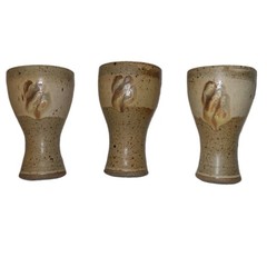 Vintage Studio Art Pottery Stoneware Wine Goblet Set of 3 Speckled Chalice 1970s