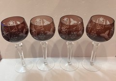 Four (4) Crystal Hock Wine Glass Purple Cut-to-Clear Etched Grape 8.25″ Stems