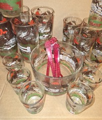 Vintage Bart Stevens English Fox Hunting Equestrian Highball Glasses, Bowl 25pc