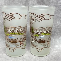 2 Vintage Hazel Atlas Currier & Ives Winter Scene Frosted Glass Tumblers