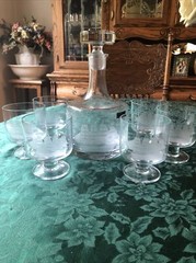 Toscany Etched Clipper Ship Decanter w/ Stopper & 6 Footed Whiskey Rocks Glasses