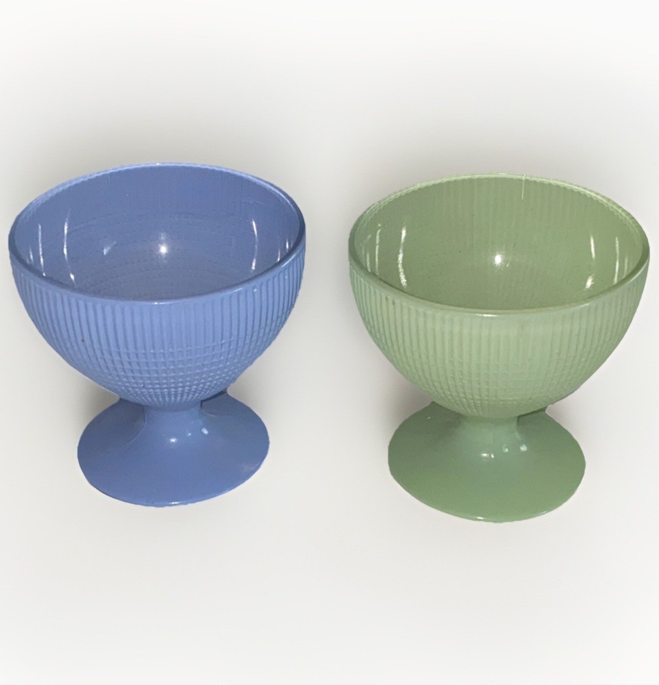 2 Depression Glass VTG Saguenay Fired On Green mint & Blue Dessert Cups 1940s