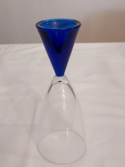 Set of 4 EON BLUE Sasaki Deco Glass COBALT Stem Base Clear Bowl WATER GOBLETS