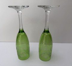 Green Champagne Flutes with Clear Stem Etched Asian Etchings Glasses Set Of 2