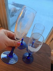 Vintage Cobalt and Clear Glass Etched «Dogs» Glassware Numbered Engraved 4set