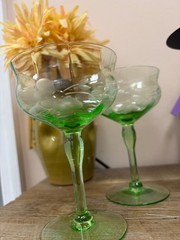 2 Vintage Green Depression Glass Floral Etch Optic Champagne Sherbet