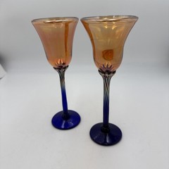 Pair Of Signed Rick Strini Art Glass Tulip Wine Goblets Iridescent & Cobalt Blue