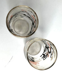 Set 2 Vintage MCM Drinking Glasses Asian Cherry Blossom Pink Pagoda Bar Ware 4″
