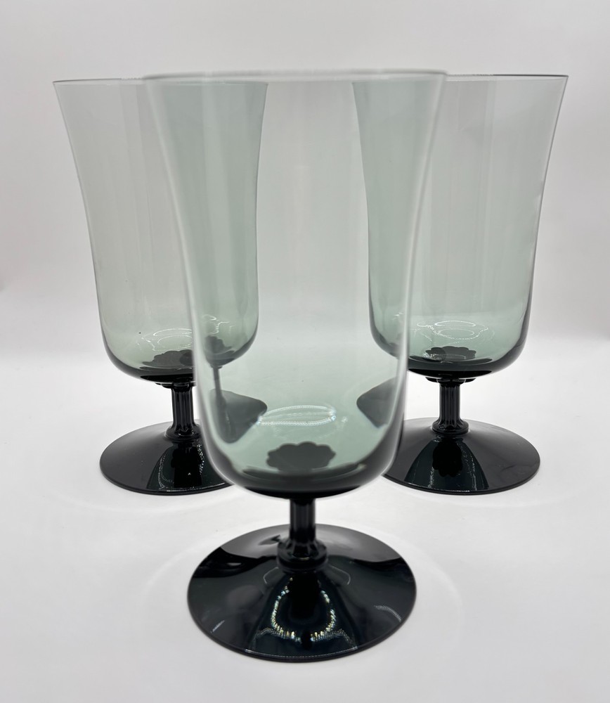 Vintage Fostoria Gazebo Smoke Gray & Black Stemmed Goblets Set of 6 Mid Century