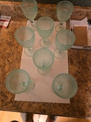 Vintage Style Sage Green Hobnail Beaded Goblets Dbl. Ball Stem Glassware Set (8)