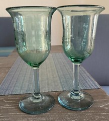 Pair Art Glass Wine Goblets Green with Blue Clear Stem 8 3/8″ hand blown bubble
