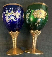 Vintage Bohemian Stemware Set – Hand-Painted Floral Design with Gilded Stems