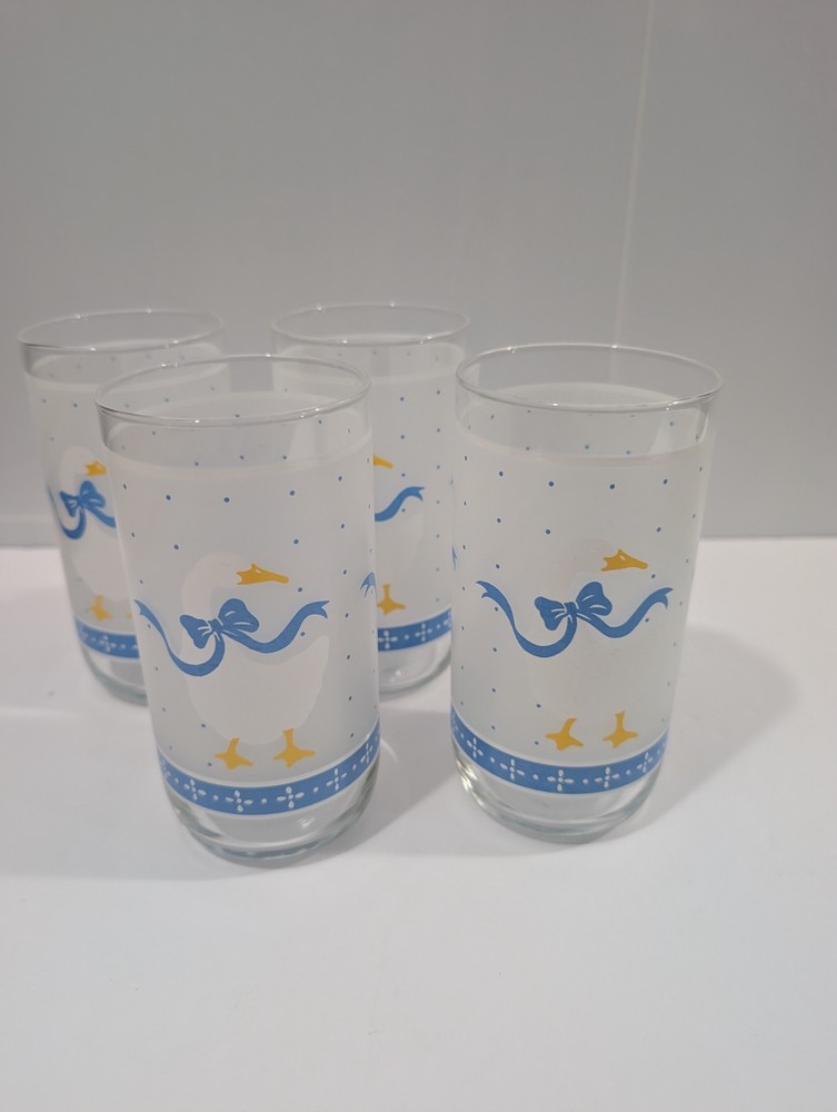 4 Libbey COUNTRY GOOSE LRS98 Geese Duck Blue Ribbon Frosted Glasses Cottagecore