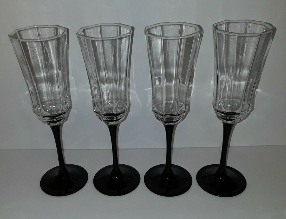 4 Luminarc France Arcoroc Octime Octagon Bowl Black Stem Fluted Champagne Glass