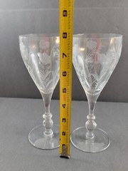 2 Ambassador Sears Water Goblets Etched Gray Cut Floral Ball Stem Optic 7 3/4″