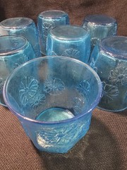 Vintage Anchor Hocking Spring Song Daisy Blue Juice Glass Set/2 Mid Century USA