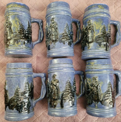 Lot Of 6 Handmade By Joy Vintage 1968 5.25″ Blue Winter Steins Glasses OOAK