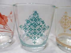 Hazel Atlas Sour Cream Glasses 1 Blue Lace Lattice 2 Gold lattice 2 orange rose