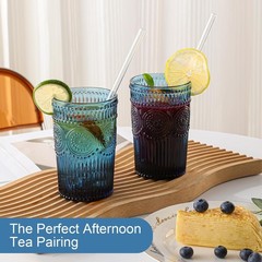 Elegant Vintage Glassware Set of 6 with Textured Flower Design – 13 oz Tumblers