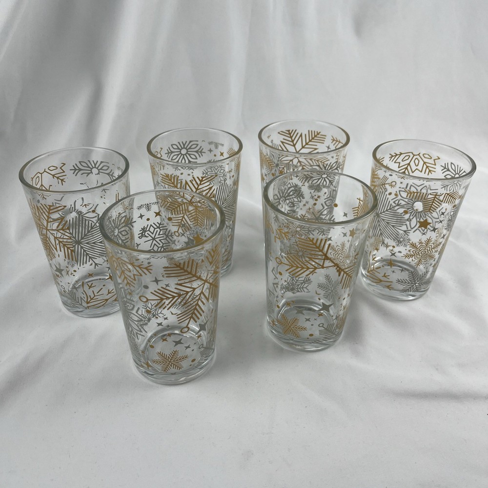 Vintage Atomic Snowflake Tumblers Set of 8 Gold Silver Holiday Glasses 4.5”