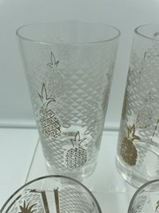 4 Pcs Gold Pineapple & Etched Triangle Highball Glasses MC Barware 22Kt Vintage
