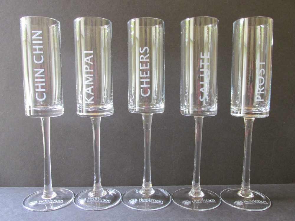 Set of 5 Unique Long Stem Square Champagne Flutes w/Etched CHEERS in 5 Languages